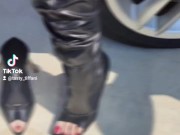 Toeless knee high leather stiletto boots with red toenails 6/16