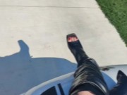 Toeless knee high leather stiletto boots with red toenails 9/16