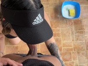 The client gets excited watching me wash his motorcycle in little shorts. Hard sex and cum in mouth 4/16