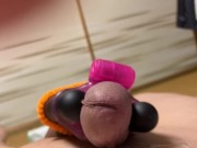 masturbation スマホ自撮りオナニー 我慢汁大量垂れ流しで暴発寸前フル勃起ちんこをおもちゃで刺激中!大量ザーメン射精動画 gey ゲイ バイ 5/16