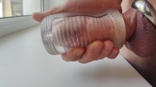 Clear masturbator, steel cock ring and three times cuming