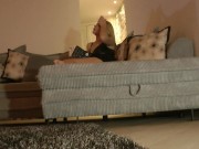 Sexy and Horny Big Tits Long Legs Blonde in Miniskirt on the Couch reading and showing her Pussy No Underwear 15/16