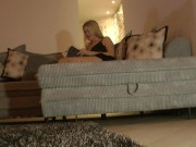 Sexy and Horny Big Tits Long Legs Blonde in Miniskirt on the Couch reading and showing her Pussy No Underwear 9/16