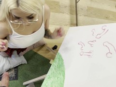 Horny Blonde College Slut in Short School Uniform Skirt gives his Teacher a Lesson by Cock Teasing but without an Orgasm