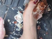 Smashing snack cakes on my pedals with flip flops and barefooted front and back pov 10/16