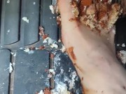 Smashing snack cakes on my pedals with flip flops and barefooted front and back pov 13/16