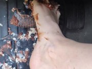 Smashing snack cakes on my pedals with flip flops and barefooted front and back pov 16/16