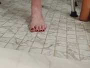 Cleaning my dirty soles in the shower with a pumice rock and showing how clean I got them 10/16