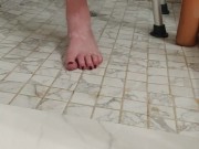 Cleaning my dirty soles in the shower with a pumice rock and showing how clean I got them 11/16