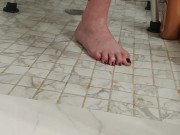 Cleaning my dirty soles in the shower with a pumice rock and showing how clean I got them 4/16