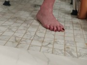 Cleaning my dirty soles in the shower with a pumice rock and showing how clean I got them 7/16