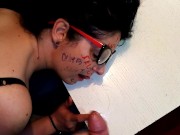 Dumb bitch with body writing taking cock slap, spitting and cum 13/16