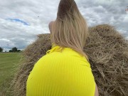 Beautiful bitch in a yellow dress began to suck dick and fuck in the hayloft 2/16