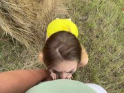 Beautiful bitch in a yellow dress began to suck dick and fuck in the hayloft 9/16