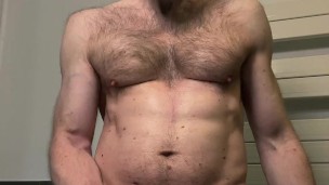 Hairy daddy jerks off, sniffs his sweaty armpit and slaps his hard cock on the bathroom sink
