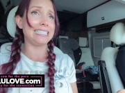 Babe in pigtail braids chatting behind porn scenes in car on her way to live stage performance nervous excited - Lelu Love 10/16
