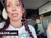Babe in pigtail braids chatting behind porn scenes in car on her way to live stage performance nervous excited - Lelu Love 12/16