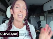 Babe in pigtail braids chatting behind porn scenes in car on her way to live stage performance nervous excited - Lelu Love 4/16