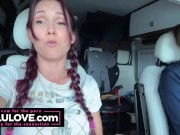 Babe in pigtail braids chatting behind porn scenes in car on her way to live stage performance nervous excited - Lelu Love 6/16