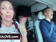 Babe in pigtail braids chatting behind porn scenes in car on her way to live stage performance nervous excited - Lelu Love 7/16