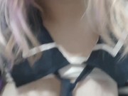 a Russian cosplayer in a school uniform stockings sits on her face with a wet pussy and cums from he 5/16