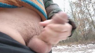 Jerk off in cold snowy land