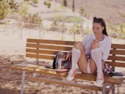 WOWGIRLS Beautiful model Elizabeth T spicing up her sex life by rubbing her pussy on the bench 3/16