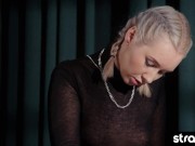 This cute brunette is so eager to be fucked with a big strapon cock 12/16