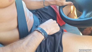 Hot Guy drives while masturbating his big cock, gets handjob and footjob from sexy passenger