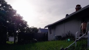 jerking off after trimming the grass in nothing but a thong