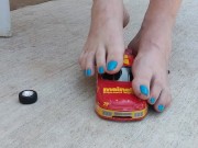 Destroying a model racecar toy with my barefeet smashing it into pieces 7/16