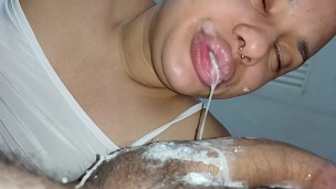 She loves licking a dick covered in sperm, sucking it madly until the pervert can't resist