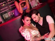 Two busty MILFs share a cock at the club 6/16