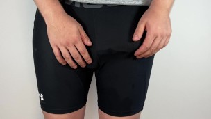 Huge cock hands free anal vibrator cumshot in tight pants