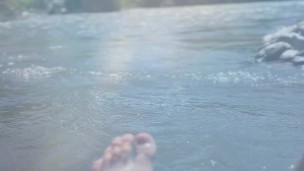 Refreshing summer day. Femboy semi naked in the middle of the lake, alone and hot