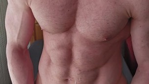 6'7" hung college athlete plays with cum covered cock