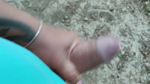 Jerk off near lake, close up looks on big glans and cum to lake