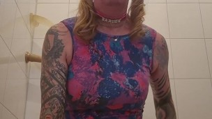 Sissy slut in dress rides dildo