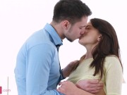 Small-breasted brunette teen with thick thighs gets fucked on all fours and sideways 2/16