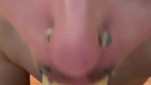 trans ftm pup with piercings and tail sucks big dildo and spits on it before stripping for master