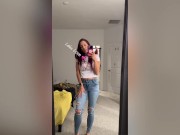 Big boobs babe bare feet in jeans mirror selfie trying out new voiceover app before/after doing hair dye - Lelu Love 13/16