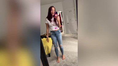 Big boobs babe bare feet in jeans mirror selfie trying out new voiceover app before/after doing hair dye - Lelu Love