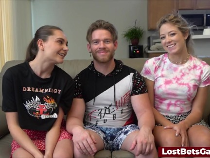 Getting his cock sucked after playing strip basketball with his two lady friends