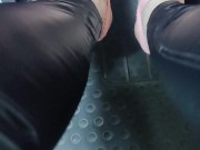 Pedal pumping in leather pants and pink wedge 6/16