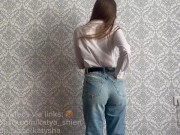 striptease in jeans, put on stockings and masturbates wet pink pussy through transparent panties 1/16
