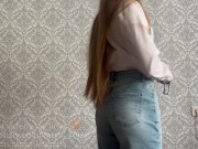 striptease in jeans, put on stockings and masturbates wet pink pussy through transparent panties 2/16