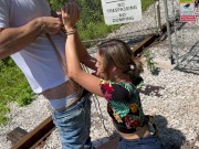 Tied up wife takes double creampie in public from husband and friend 4/16