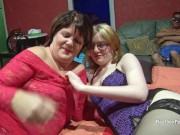 Mature ladys shows a pale female teen how its done 1/16