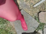 Walking around barefoot wearing red nylon stockings 10/16