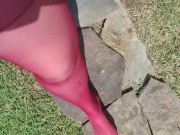 Walking around barefoot wearing red nylon stockings 11/16